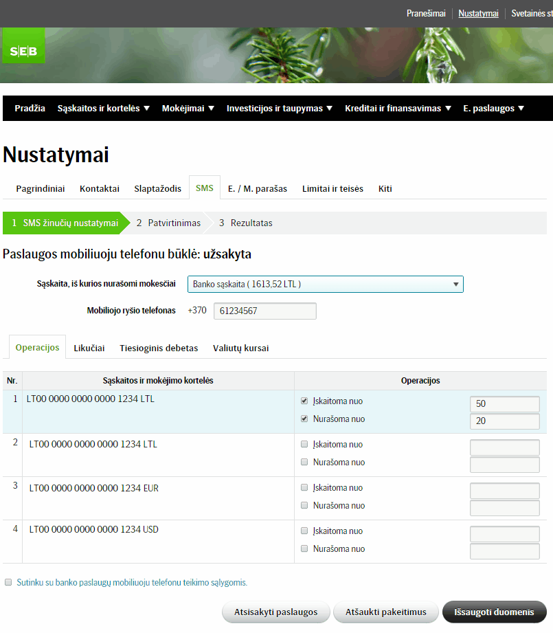 SEB bankas SMS nustatymai-