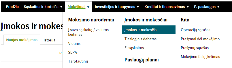 SEB bankas meniu imokos mokesciai-