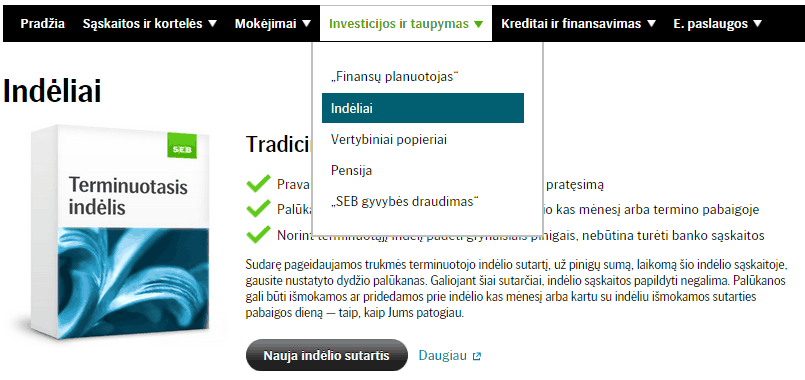 SEB bankas meniu indeliai-
