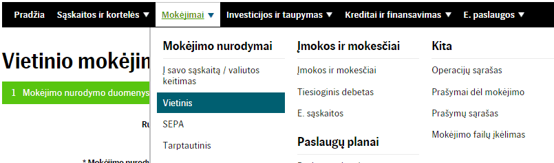 SEB bankas meniu pavedimai-