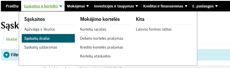SEB bankas meniu saskaitos-