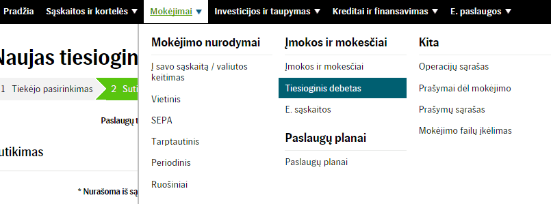SEB bankas meniu tiesioginis debetas-